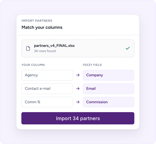Importing a partner spreadsheet into Feezy and matching its columns to Feezy fields.